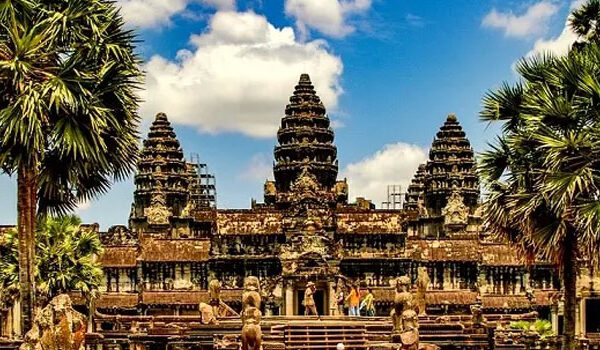 Angkor Wat behind the sugar palms in late afternoon light