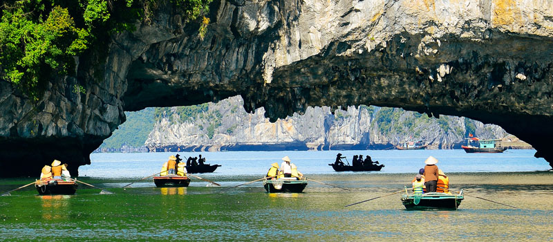 Limestone islands and a working harbour on the northern coast of Vietnam