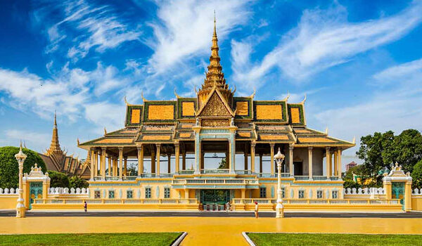 The tiered roofs of the Royal Palace against the Phnom Penh sky The tiered roofs of the Royal Palace against the Phnom Penh sky